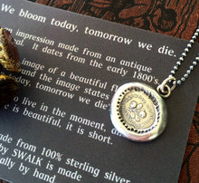 Load image into Gallery viewer, Seize the day, Rose pendant. Antique wax seal seal. Stop and smell the roses. mourning jewelry. memento mori.
