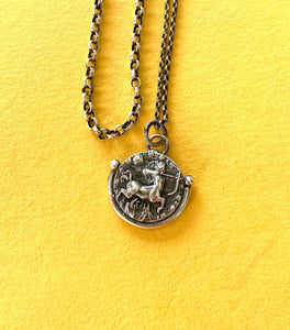 Sagittarius handmade sterling silver pendant. Zodiac sign coin necklace.