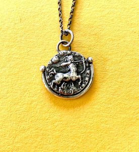 Sagittarius handmade sterling silver pendant. Zodiac sign coin necklace.