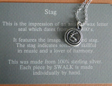 Load image into Gallery viewer, Stag..... musician and a lover of harmony.... antique wax letter seal, sterling silver,  necklace, amulet, meaningful jewelry, , symbolic