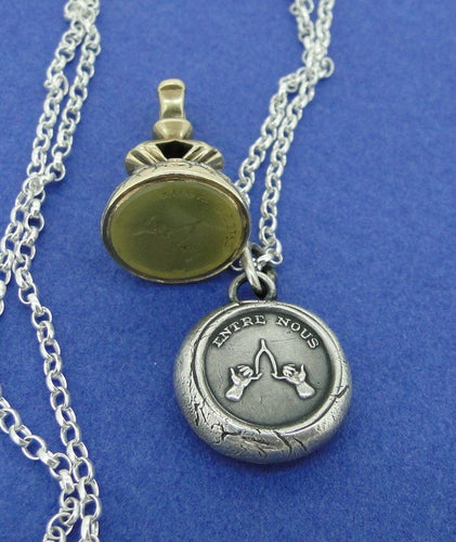 A wish between us - wishbone pendant.  antique wax letter seal, sterling wax seal pendant. handmade sterling antique pendant.