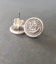 Load image into Gallery viewer, Such is life earrings, ship on rough seas. Antique wax letters seal studs.