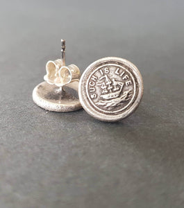 Such is life earrings, ship on rough seas. Antique wax letters seal studs.