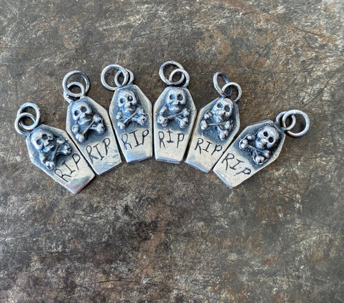 Spooky sterling coffin pendant.  Handmade skull and crossbones, R.I.P memento mori.  Small add on charms for your totem necklace.