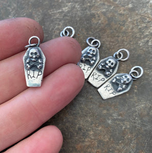 Spooky sterling coffin pendant.  Handmade skull and crossbones, R.I.P memento mori.  Small add on charms for your totem necklace.