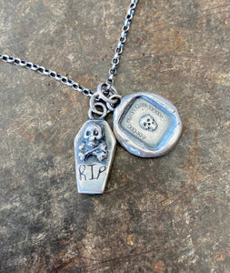 Spooky sterling coffin pendant.  Handmade skull and crossbones, R.I.P memento mori.  Small add on charms for your totem necklace.