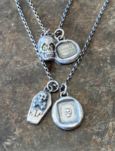 Load image into Gallery viewer, Spooky sterling coffin pendant.  Handmade skull and crossbones, R.I.P memento mori.  Small add on charms for your totem necklace.