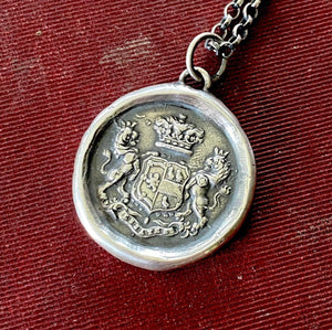 Antique wax letter seal ‘Essayez’ ‘Try’ meaningful inspirational jewellery. Heraldry jewelry, feature lions for courage.