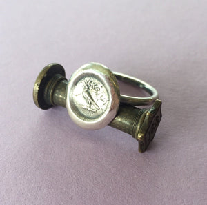 Peace, dove and olive branch ring,  wax seal jewelry, sterling silver, amulet.