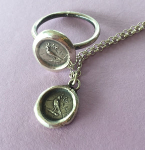 Peace, dove and olive branch ring,  wax seal jewelry, sterling silver, amulet.