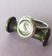 Load image into Gallery viewer, Peace, dove and olive branch ring,  wax seal jewelry, sterling silver, amulet.