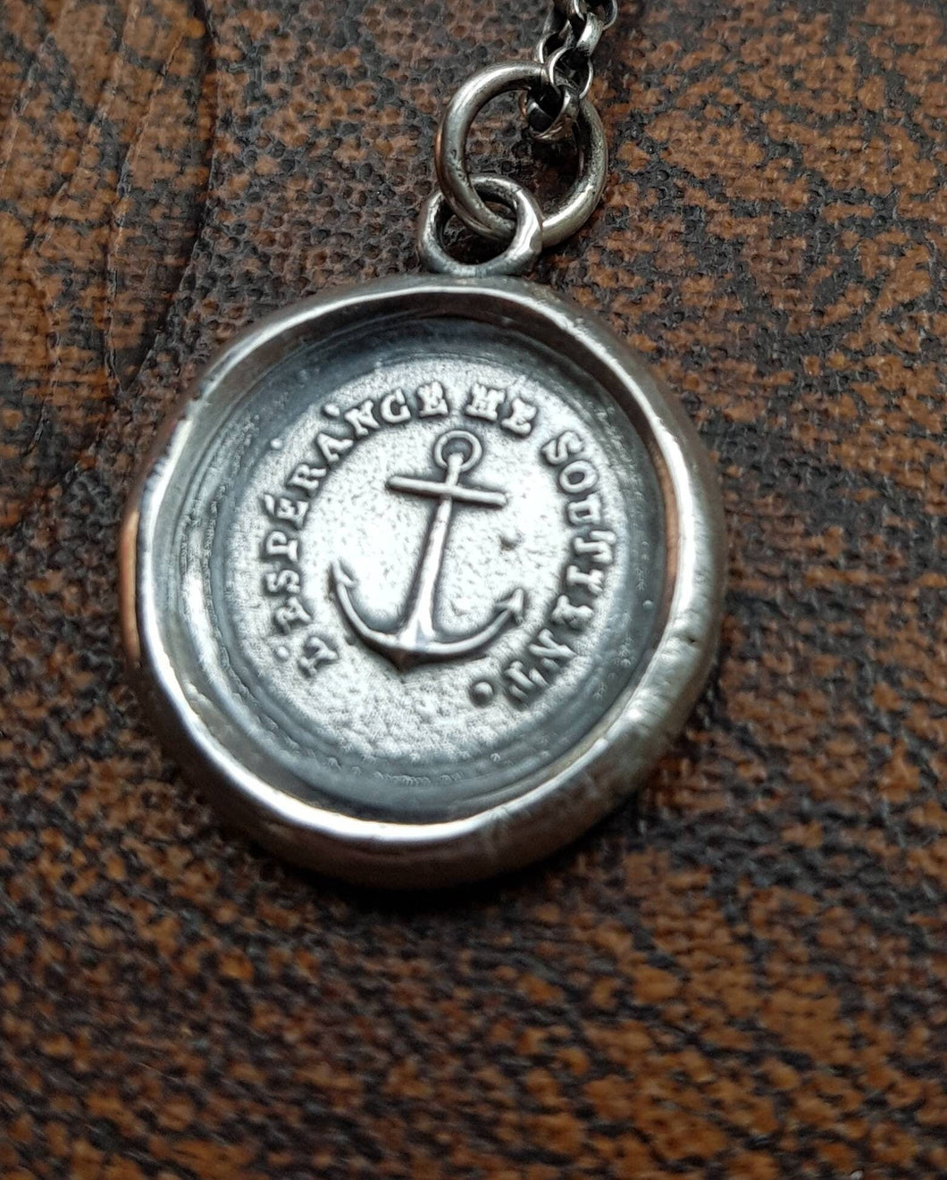 Hope sustains me....  'L'Esperance me soutient', Religious jewelry. Sterling silver Anchor necklace,  antique wax Seal Jewelry.