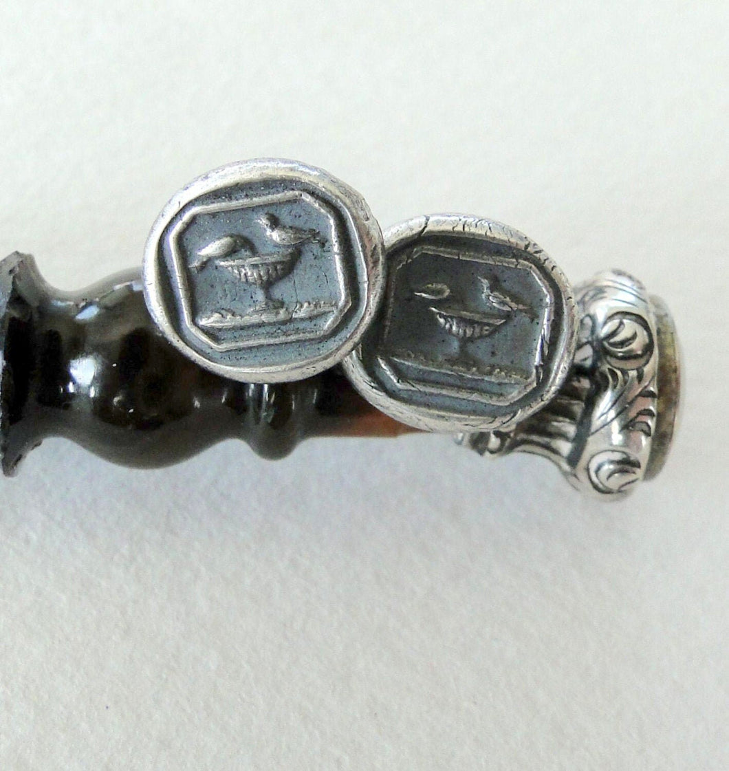 Tiny Sterling Silver, Wax seal impression, antique Pliny's doves earrings studs