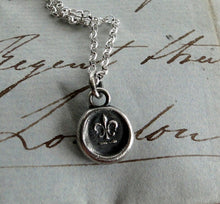 Load image into Gallery viewer, Fleur de Lis, necklace, antique wax seal stamp, Sterling silver, pendant, french, wax seal, crest, , symbol, handmade jewelry, French symbol