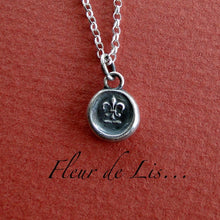 Load image into Gallery viewer, Fleur de Lis, necklace, antique wax seal stamp, Sterling silver, pendant, french, wax seal, crest, , symbol, handmade jewelry, French symbol