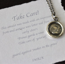 Load image into Gallery viewer, Sterling silver Antique wax seal pendant.  Snakes in the grass, warning.  Beware, protection pendant.