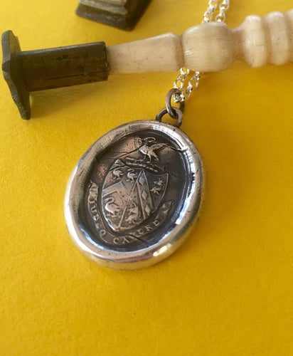Sterling antique wax letter seal. Wonderful  Heraldry seal with swans, latin motto.  I bid you beware.  Caution, statement pendant.