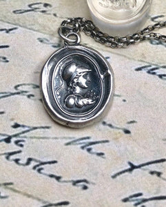 Minerva, Goddess of wisdom, creativity, handicrafts and poetry. Sterling silver Antique wax letter seal pendant.