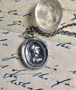 Minerva, Goddess of wisdom, creativity, handicrafts and poetry. Sterling silver Antique wax letter seal pendant.
