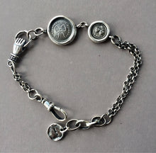 Load image into Gallery viewer, Victorian style bracelet, charm bracelet with antique wax letter seal amulets. solid silver chunky bracelet.