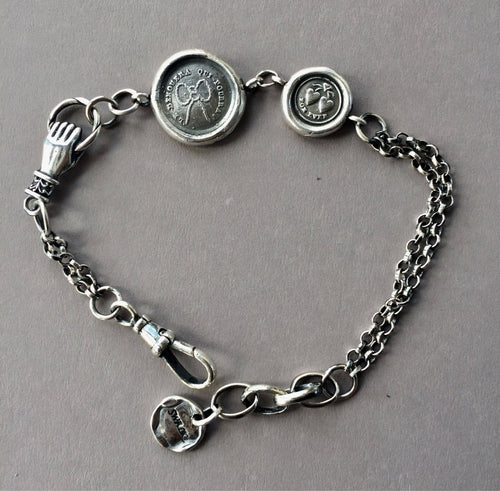 Victorian style bracelet, charm bracelet with antique wax letter seal amulets. solid silver chunky bracelet.