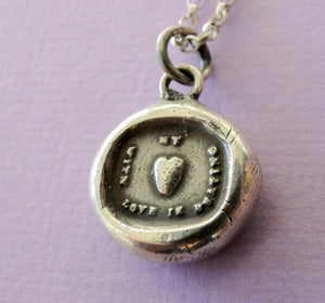 My Heart with love is beating….. sterling silver, wax letter seal impression. Rebus puzzle, love, romantic, heart, love, meaningful jewelry