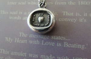My Heart with love is beating….. sterling silver, wax letter seal impression. Rebus puzzle, love, romantic, heart, love, meaningful jewelry