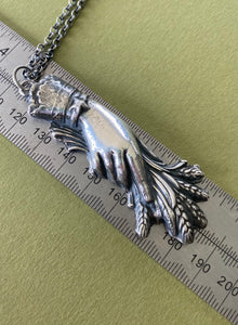 Monster Memento Mori , Victorian mourning hand pendant and chain.  Hand holding wrath.  Enormous statement  sterling silver pendant .