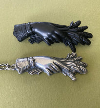 Load image into Gallery viewer, Monster Memento Mori , Victorian mourning hand pendant and chain.  Hand holding wrath.  Enormous statement  sterling silver pendant .