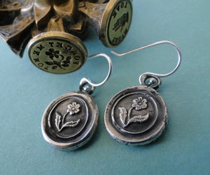 Forget me not flower, (single flower image), wax seal, sterling silver, dangle earrings.