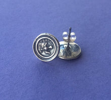 Load image into Gallery viewer, Peace earrings..... Dove earrings , bird of peace, olive branch, sterling silver studs. , inspirational antique wax seal earrings.
