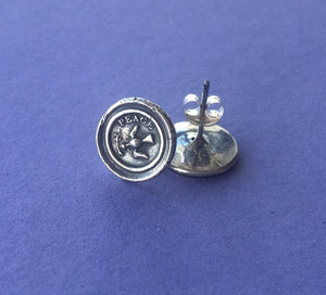 Peace earrings..... Dove earrings , bird of peace, olive branch, sterling silver studs. , inspirational antique wax seal earrings.