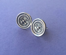 Load image into Gallery viewer, Peace earrings..... Dove earrings , bird of peace, olive branch, sterling silver studs. , inspirational antique wax seal earrings.