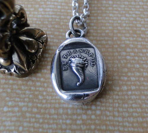 Sterling silver antique wax letter seal jewellery, featuring horn of plenty, and be thankful,  thank you necklace, blessings necklace