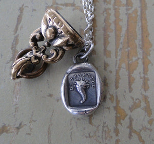 Sterling silver antique wax letter seal jewellery, featuring horn of plenty, and be thankful,  thank you necklace, blessings necklace