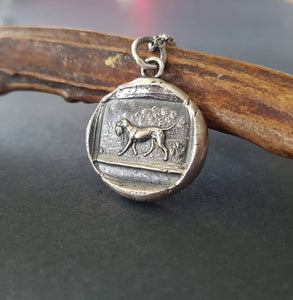 dog pendant, victorian hunting dog scene. Antique wax seal jewelry. handmade sterling pendant. man&#39;s best friend.