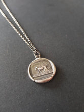 Load image into Gallery viewer, dog pendant, victorian hunting dog scene. Antique wax seal jewelry. handmade sterling pendant. man&#39;s best friend.
