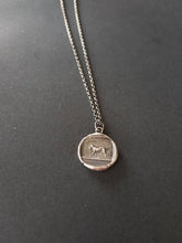 Load image into Gallery viewer, dog pendant, victorian hunting dog scene. Antique wax seal jewelry. handmade sterling pendant. man&#39;s best friend.