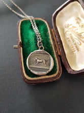 Load image into Gallery viewer, dog pendant, victorian hunting dog scene. Antique wax seal jewelry. handmade sterling pendant. man&#39;s best friend.