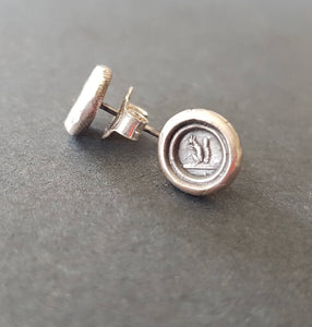 Tiny Sterling Silver, Wax seal impression, antique squirrel stud earrings.