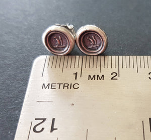 Tiny Sterling Silver, Wax seal impression, antique squirrel stud earrings.