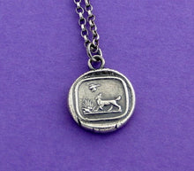 Load image into Gallery viewer, dog pendant, victorian hunting dog scene.  Antique wax seal jewelry. handmade sterling pendant.  man&#39;s best friend.