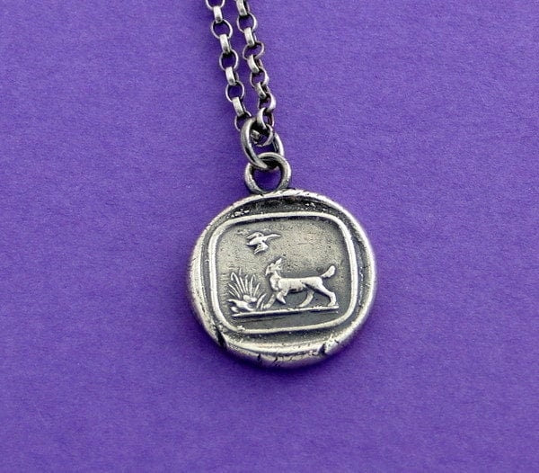 dog pendant, victorian hunting dog scene.  Antique wax seal jewelry. handmade sterling pendant.  man's best friend.