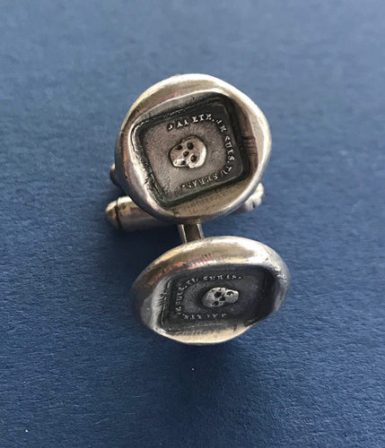Mortality cufflinks, skull, 'as you are so once was I' sterling silver cufflinks. swalk, antique wax letter seal impression