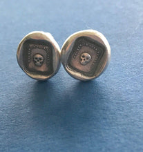 Load image into Gallery viewer, Mortality cufflinks, skull, &#39;as you are so once was I&#39; sterling silver cufflinks. swalk, antique wax letter seal impression