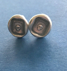 Mortality cufflinks, skull, &#39;as you are so once was I&#39; sterling silver cufflinks. swalk, antique wax letter seal impression