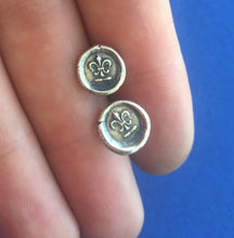 Load image into Gallery viewer, Fleur de Lis, antique wax seal stamp, Sterling silver stud earrings, small earrings, flower earrings, petite earrings, antique earrings,