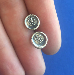 Fleur de Lis, antique wax seal stamp, Sterling silver stud earrings, small earrings, flower earrings, petite earrings, antique earrings,