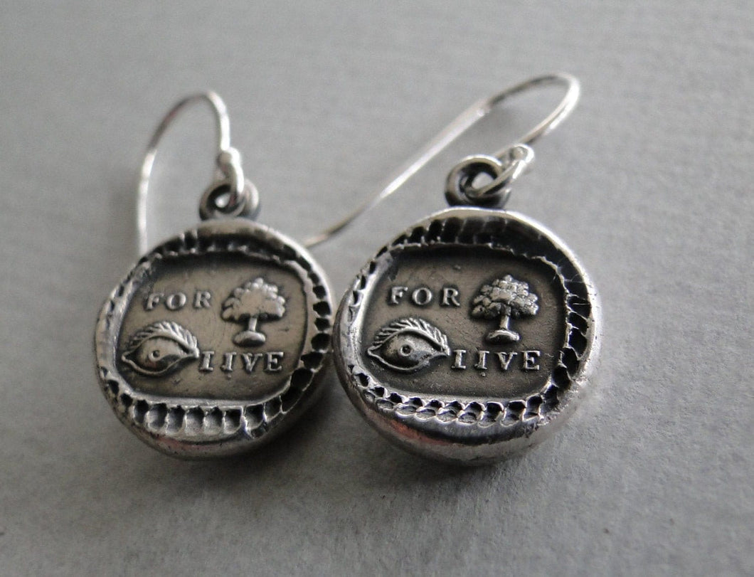 For you I live Earrings. antique wax seal dangle earrings.  Sterling Silver, love  token Earrings.