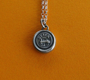 Train pendant,  Antique wax letter seal, Sterling silver handmade pendant. motto necklace with &#39;quick&#39;.